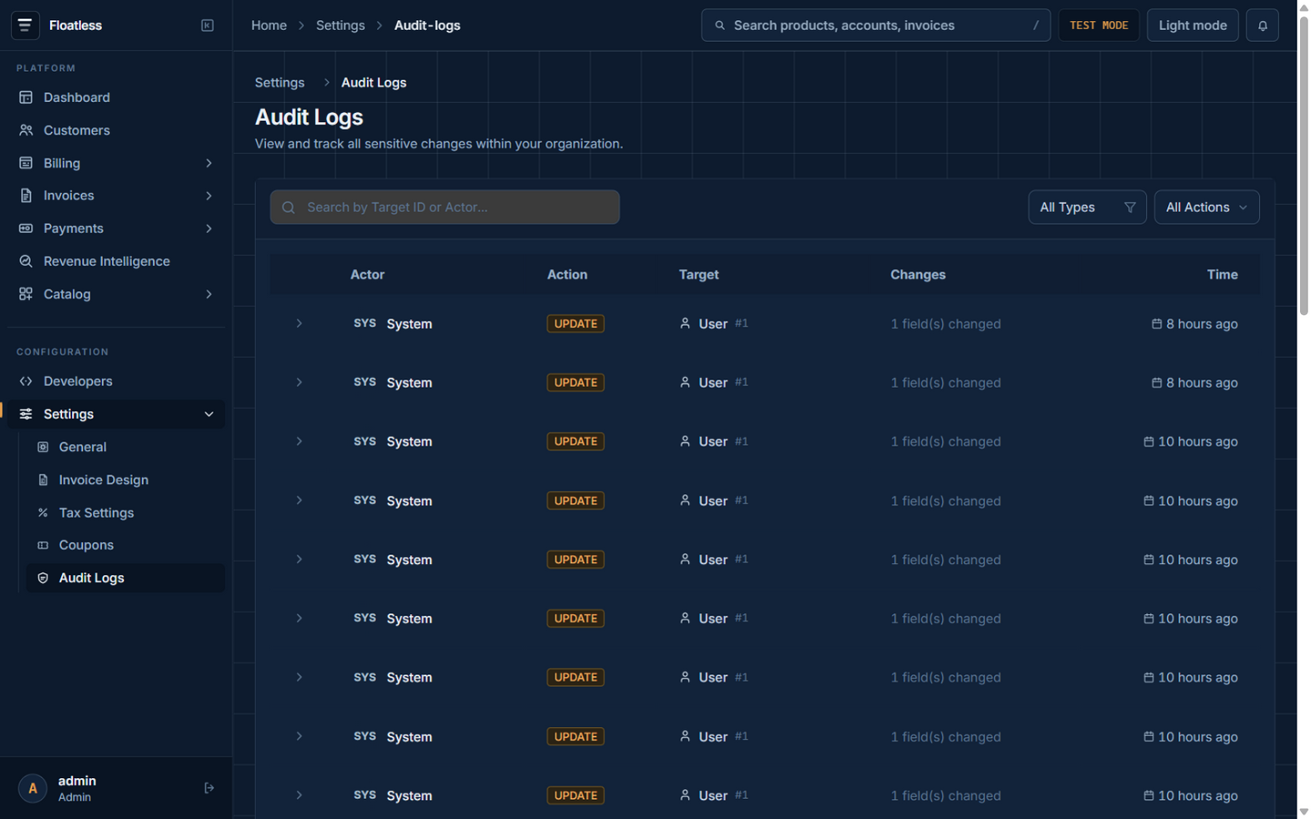 Audit logs with filters and diffs