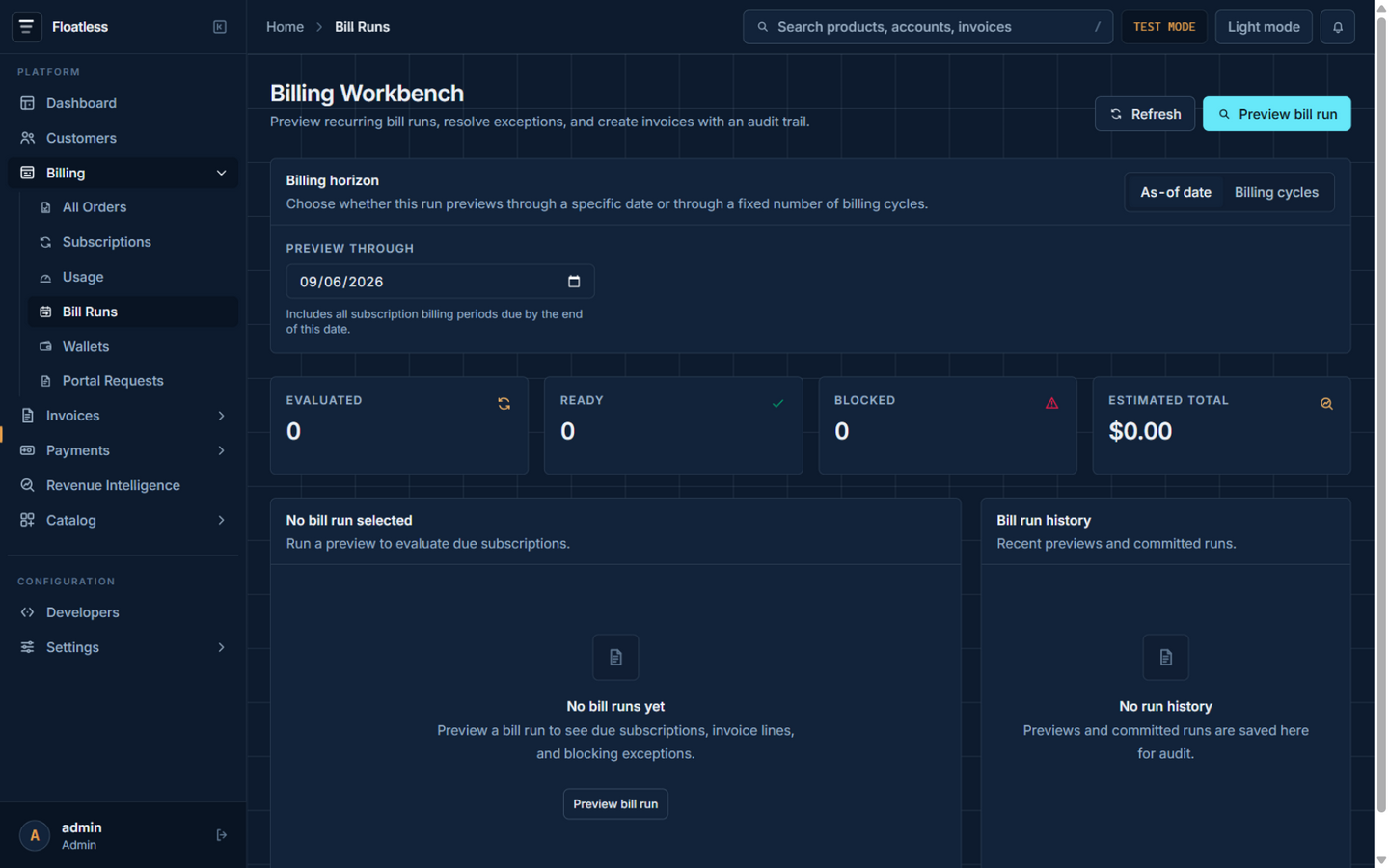 Billing workbench with preview results