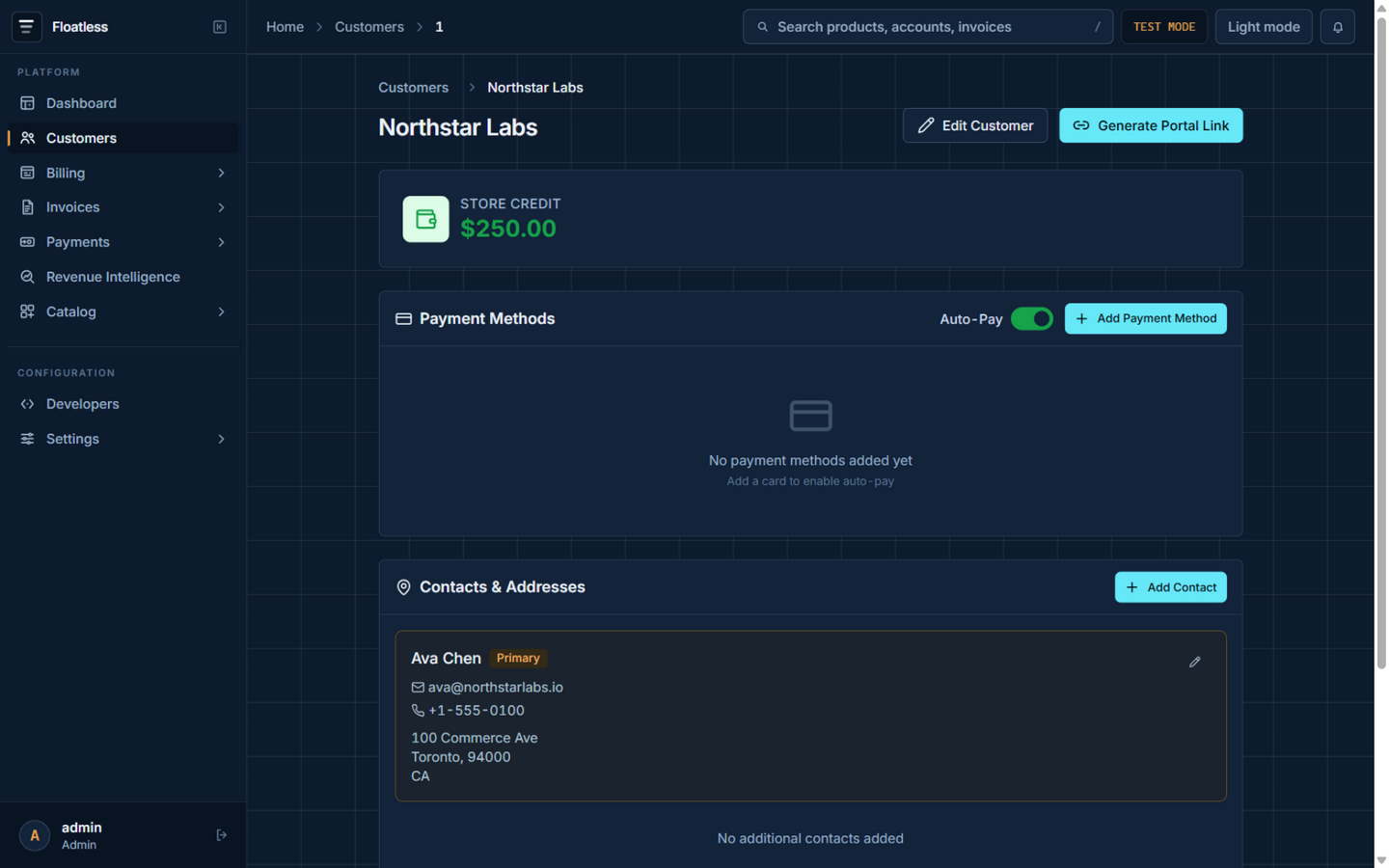 Customer detail with subscriptions and portal actions