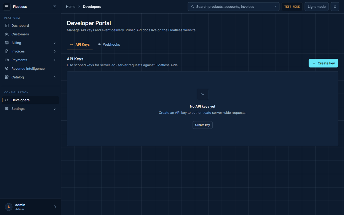 Developer portal with API keys and webhooks tabs