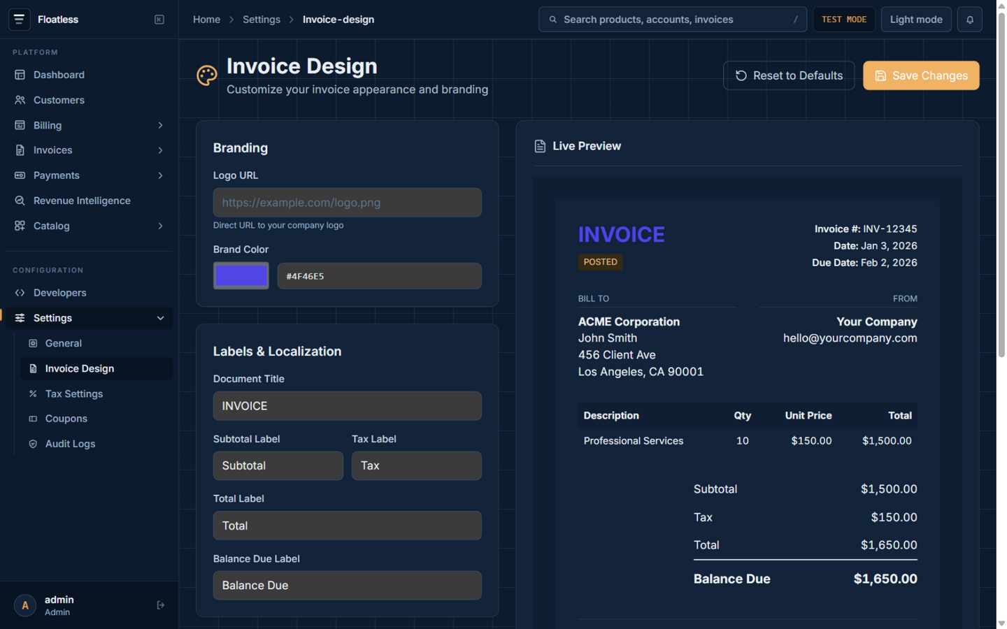 Invoice design with live preview