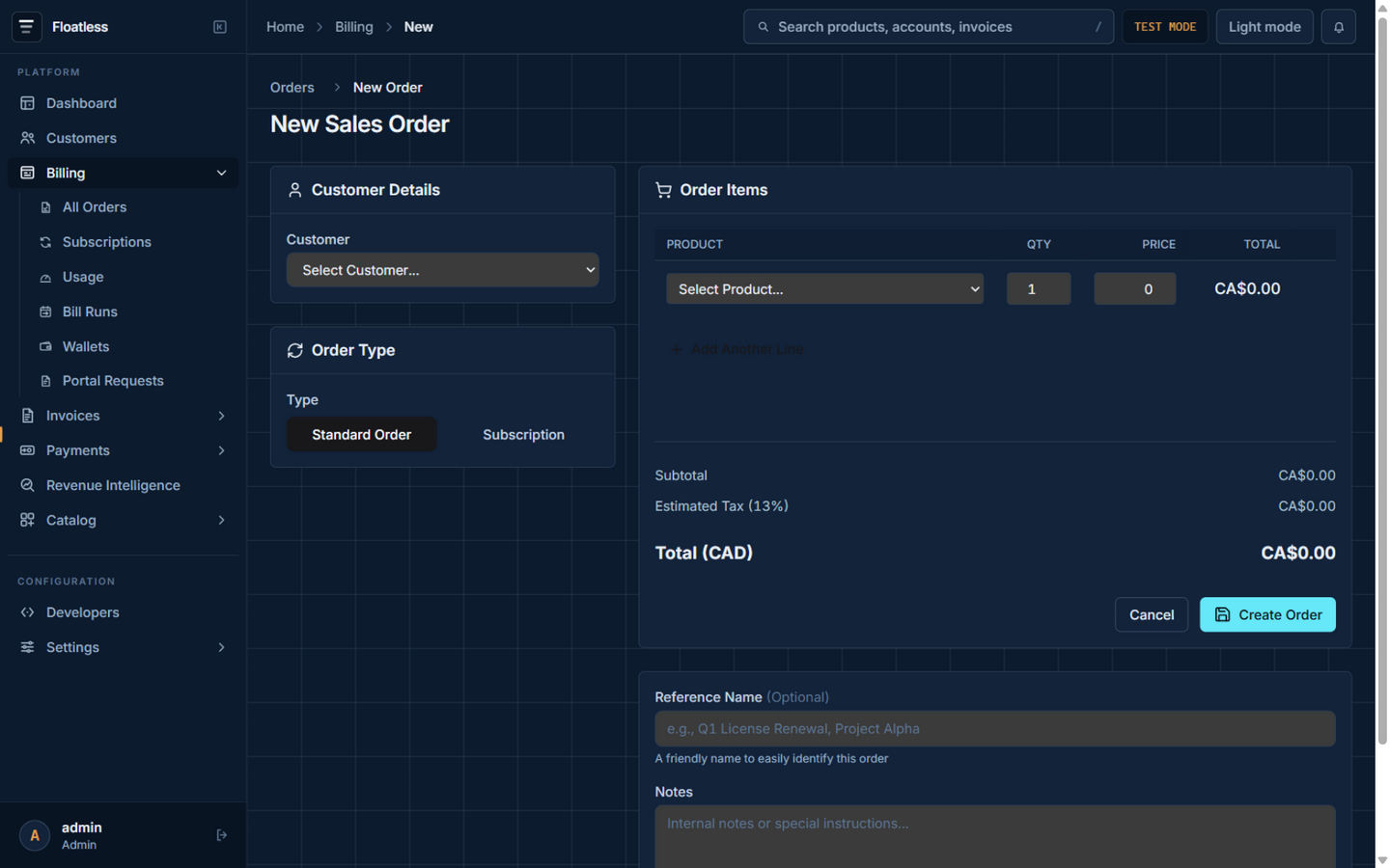 Create order form with customer, order type, and line items