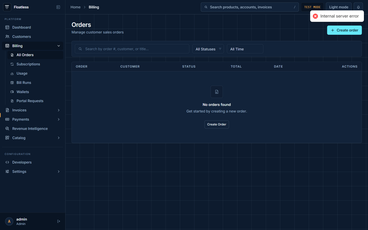 Order list with status filters and totals