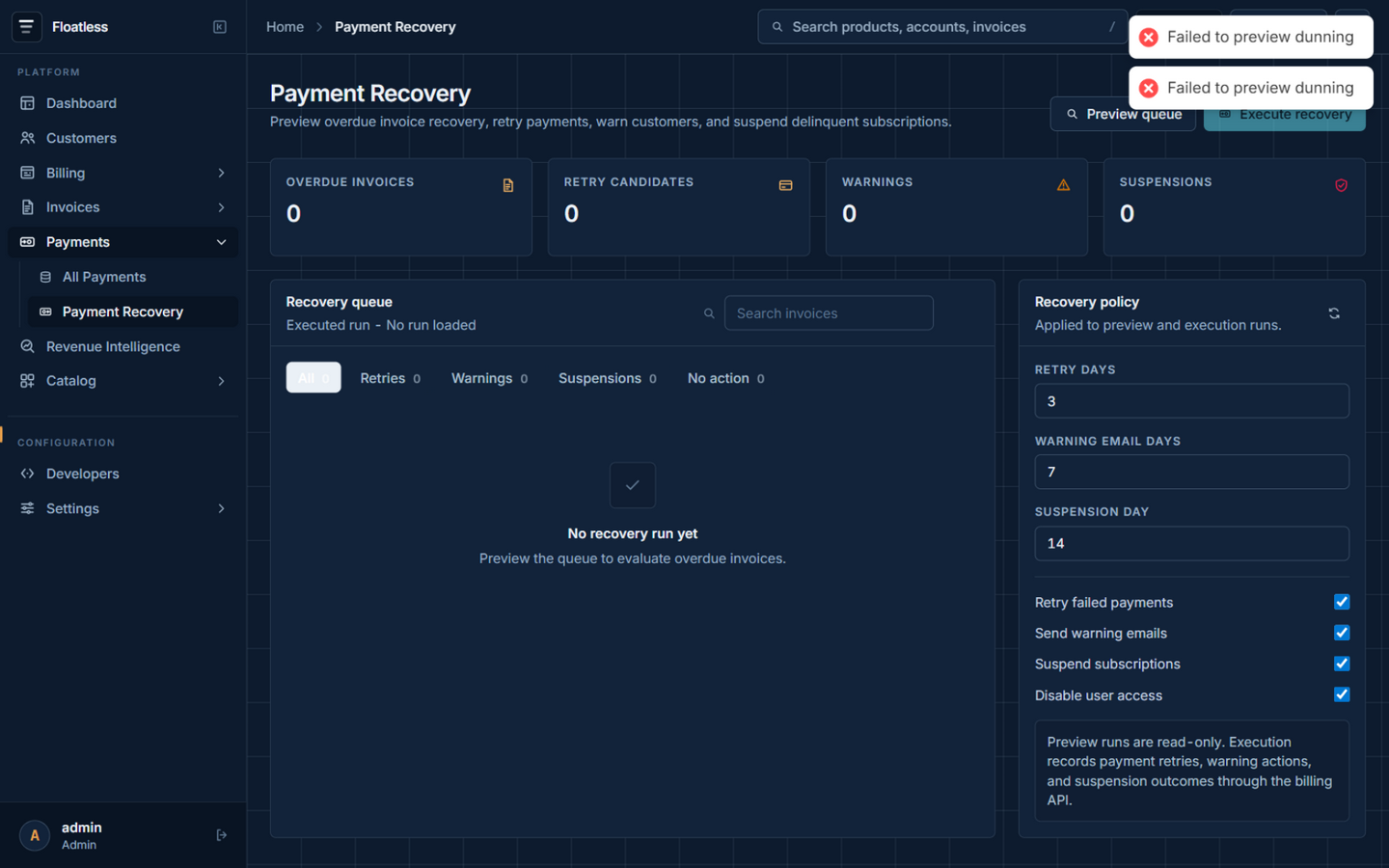 Payment recovery queue with recovery policy