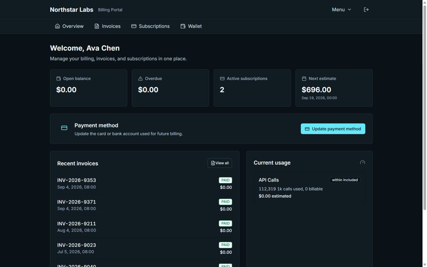 Portal overview with balance and usage
