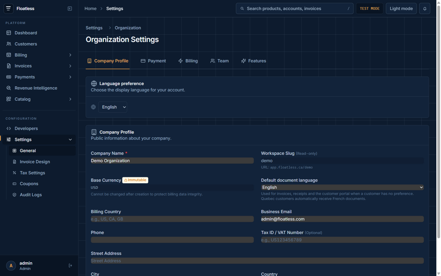 Organization settings with company profile