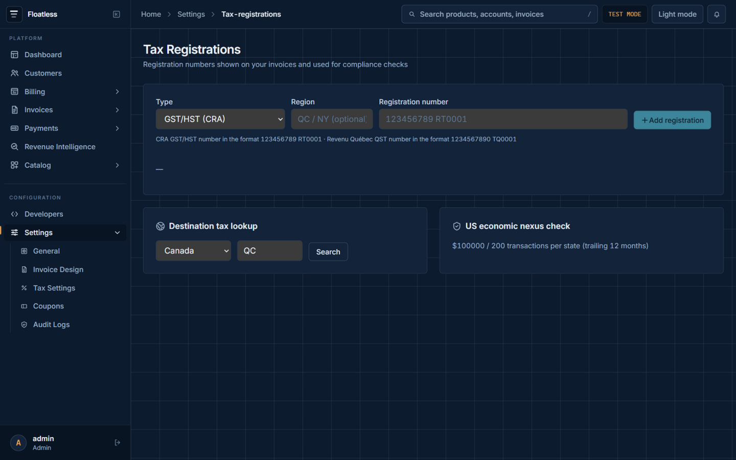 Tax registrations with lookup tools